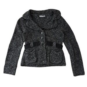 Y2K Boucle Knit Jacket Cropped Ruffle Collar Peplum Moto Indie Goth S